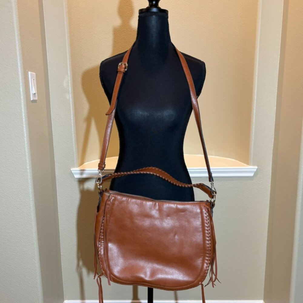 👜Charming Charlie Faux Leather Shoulder Bag Purse Tassels Brown Tan Bucket